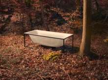 Rectangular steel-enamel bathtub with black frame stands in autumn forest next to a tree.