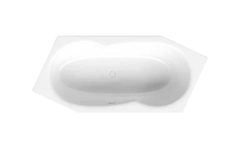 Bathtub, top view, drain in center, backrest slope on right, white, glossy light white color