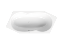 Bathtub, top view, drain in center, backrest slope on right, white, glossy light white color