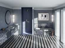 Luxuriöses Bad mit Marmoroptik, eingelassener Badewanne, hellblauer Duschwanne, Einbauwaschtisch und schwarz-weißem Fliesenboden.