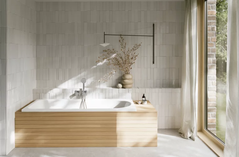 Weiße Badewanne mit gerillter Front in hellem Bad mit weißen Fliesen und großem Fenster.