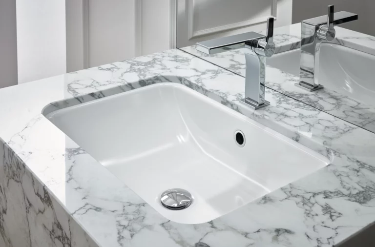 Rectangular steel enamel washbasin in marble-look countertop with modern faucet, accessible design.