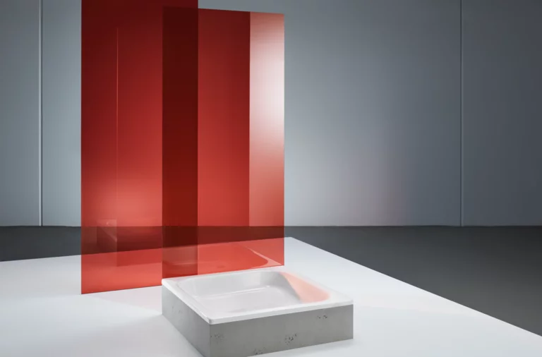 Bañera rectangular de acero esmaltado con borde angular, rodeada de paredes de vidrio rojas sobre suelo blanco.