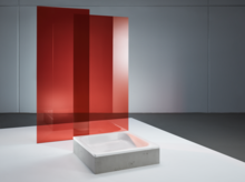 Rechthoekig bad van staal-email met strakke rand, omgeven door rode glazen wanden op witte vloer.