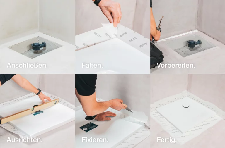Einbau von BetteSeal+: Schrittweise Abdichtung der Duschwanne mit Anschluss, Falten, Ausrichten, Fixieren und Fertigstellung.