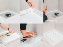 Einbau von BetteSeal+: Schrittweise Abdichtung der Duschwanne mit Anschluss, Falten, Ausrichten, Fixieren und Fertigstellung.