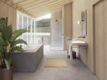 Bagno moderno con vasca freestanding, pareti in legno, ampia finestra vista lago e lavabo con rubinetto a parete.