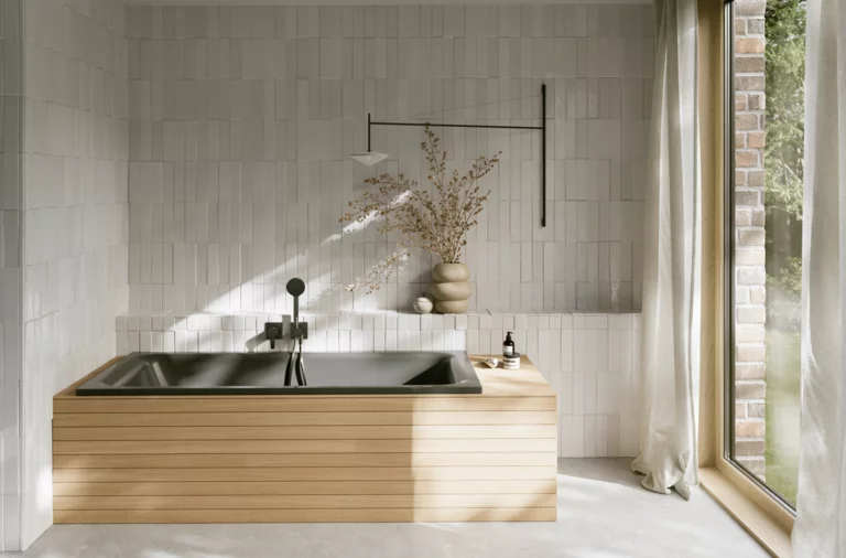 Dunkle Badewanne mit gerillter Front in hellem Bad mit weißen Fliesen, Fenster und Vase.