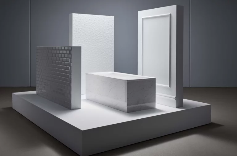 Rectangular steel-enamel bathtub, freestanding on platform, surrounded by textured white wall panels.