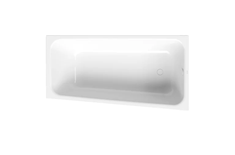 Badkuip, vogelperspectief, afvoer rechts, achterhelling links, kleur wit, glanzend, tint helder en neutraal.