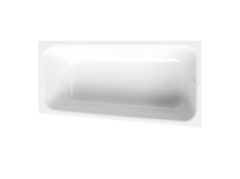 Badkuip, vogelperspectief, afvoer rechts, achterhelling links, kleur wit, glanzend, tint helder en neutraal.