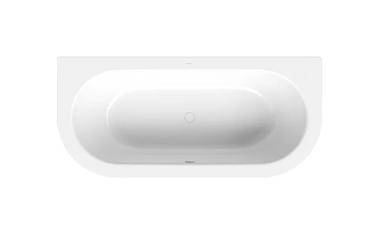 Bañera, vista superior, desagüe en el centro, inclinación trasera a ambos lados, color Blanco, tono frío brillante