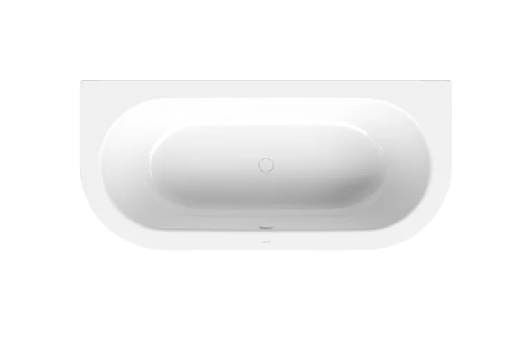 Badewanne, Draufsicht, Ablauf mittig, Rückenschräge beidseitig, Farbe Weiß, glänzender kühler Farbton