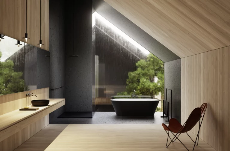 黑色淋浴底座与独立浴缸置于斜屋顶下，黑色洗手盆安放在木质台面上，窗外绿意盎然。