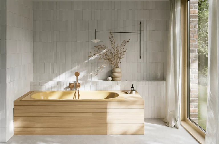 Gelbe Einbau-Badewanne in hellem Bad mit Fliesenoptik, heller Verkleidung, Vase und großem Fenster.