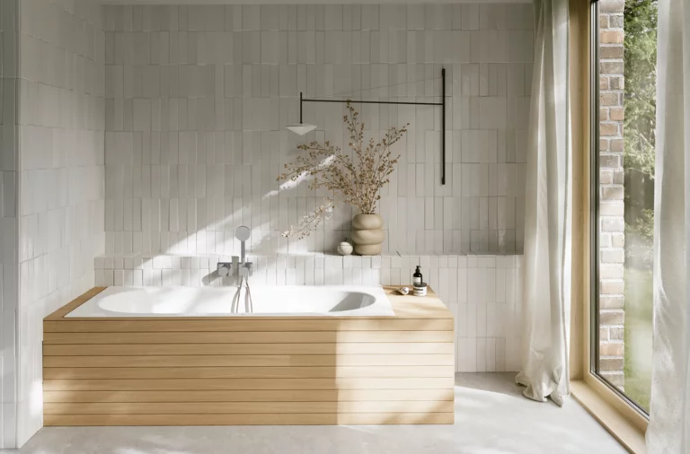 Weiße Einbau-Badewanne in hellem Bad mit heller Verkleidung, Fliesenoptik, Vase und großem Fenster.