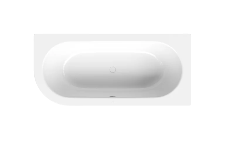 Badewanne, Draufsicht, Ablauf mittig, Rückenschräge links, weiß, glänzender kühler Weißton