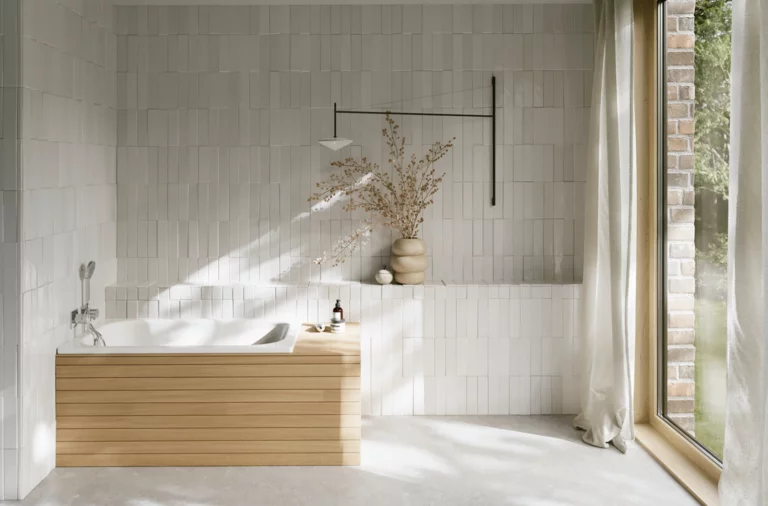 Helles Bad mit Badewanne aus glasiertem Titan-Stahl, Holzverkleidung, weißen Fliesen und großem Fenster.