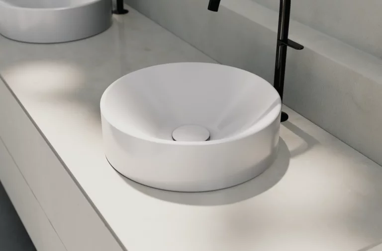 Rundes Waschbecken aus Stahl-Email auf heller Einbauplatte mit schwarzem Wasserhahn, modernes Bad-Design.