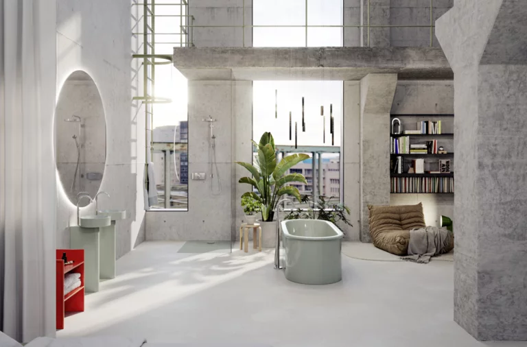 Modernes Bad im Loftstil mit freistehender Badewanne, Dusche, großen Fenstern, Sichtbeton und gemütlicher Sitzecke.