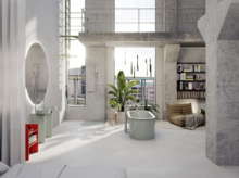 Modernes Bad im Loftstil mit freistehender Badewanne, Dusche, großen Fenstern, Sichtbeton und gemütlicher Sitzecke.