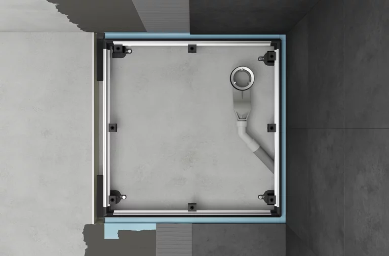 Universal installation system for shower trays with frame structure and drain connection on prepared floor.