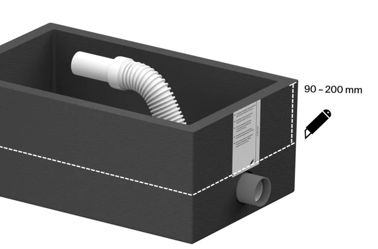 Boîte d’installation avec évacuation flexible et repère de découpe pour ajuster la hauteur de 90 à 200 mm.