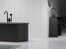 Oval-shaped steel-enamel bathtub and round washbasin on countertop in front of light wall, modern bathroom design.