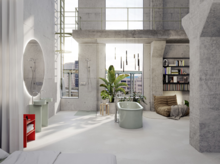 Freistehende, ovale Stahl-Email-Badewanne, rundes Waschbecken auf Einbauplatte, modernes Bad mit urbanem Loft-Charakter.